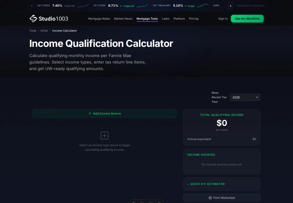 Income qualification Studio 1003 interface