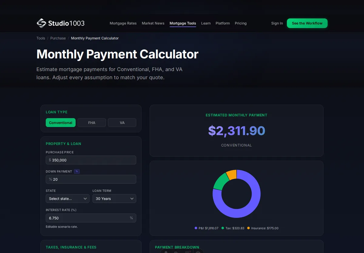 Studio 1003 mortgage payment calculator, authentic Development interface